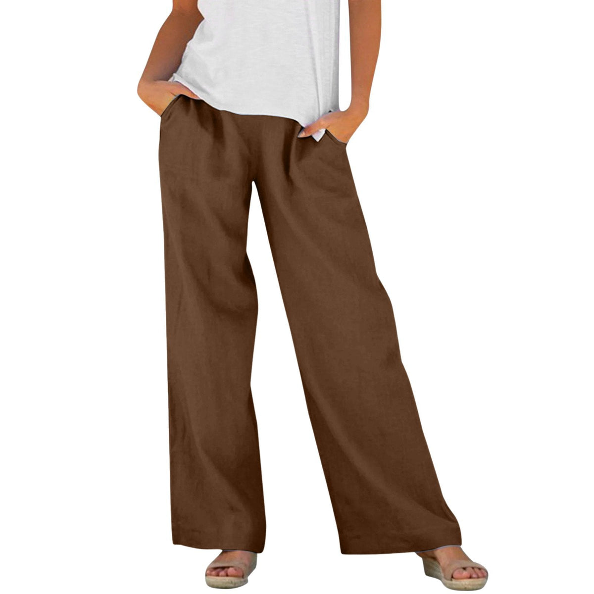 Solid-color Loose-fitting Elastic-waist Wide-leg Casual Pants