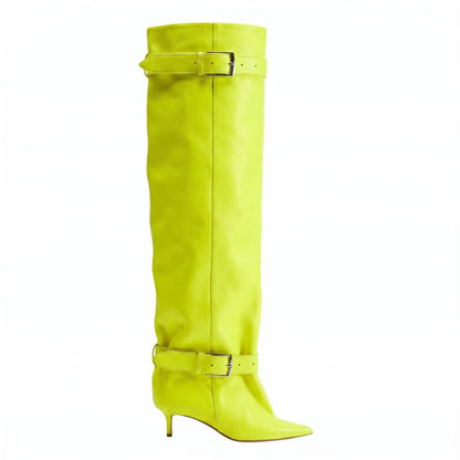 Pointed-toe Low-heeled Buckle-decorated Over-the-knee Womens Boots