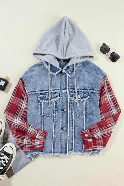 Raw Hem Drawstring Plaid Denim Jacket for Women
