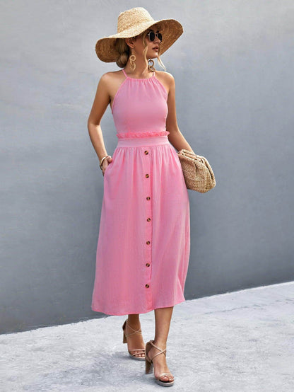 Buttoned Halter Neck Frill Trim Midi Dress for Chic Style
