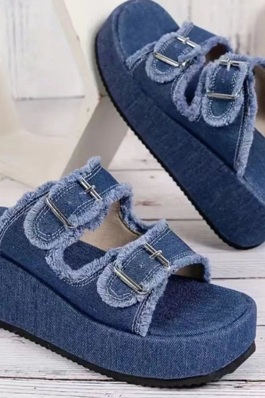 Selvanelle Raw Hem Wedge Buckle Sandals For Women