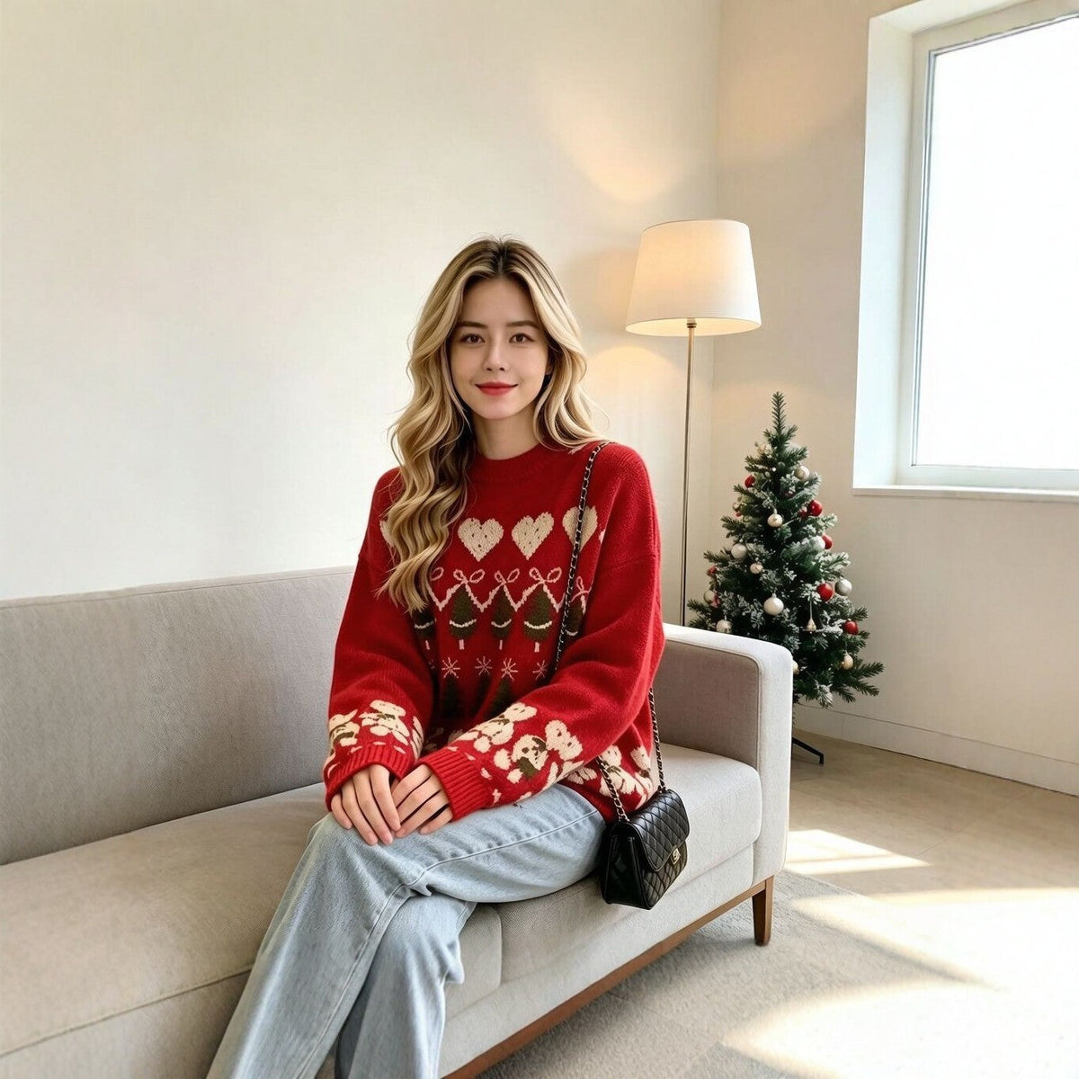 Women's Red Christmas Jacquard Sweater