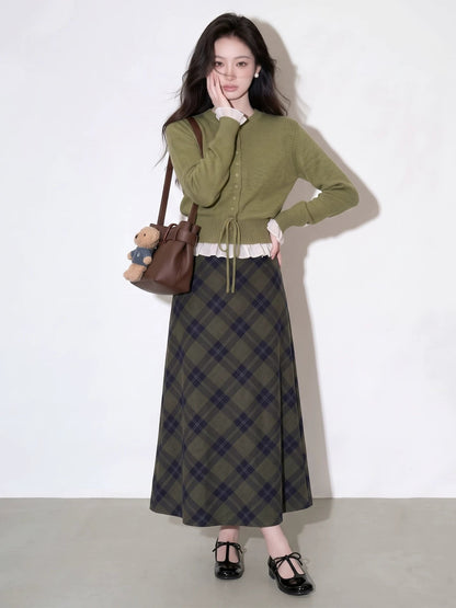 Knitted Cardigan And Plaid Skirt Two-piece Set For Women