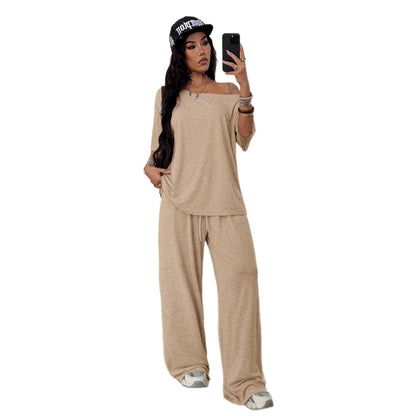 SpringSummer Women's Casual Solid-Color Sports Two-Piece Set