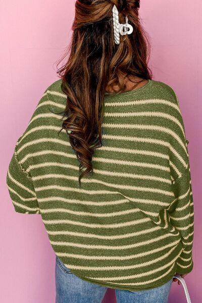 Striped Round Neck Dropped Shoulder Sweater for Women