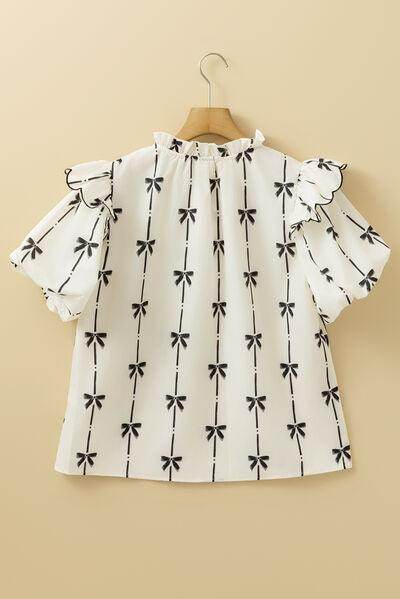 Bow Print Tie Neck Short Sleeve Blouse for Women