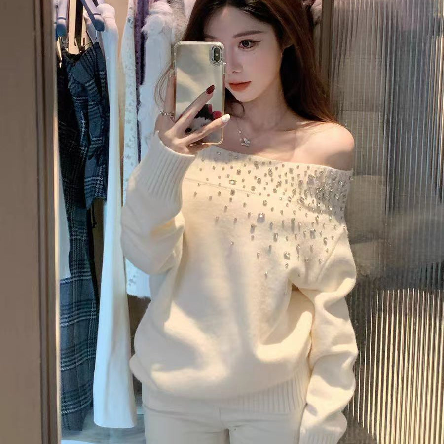 White Off-shoulder Pullover Sweater With Diamond Embellishments