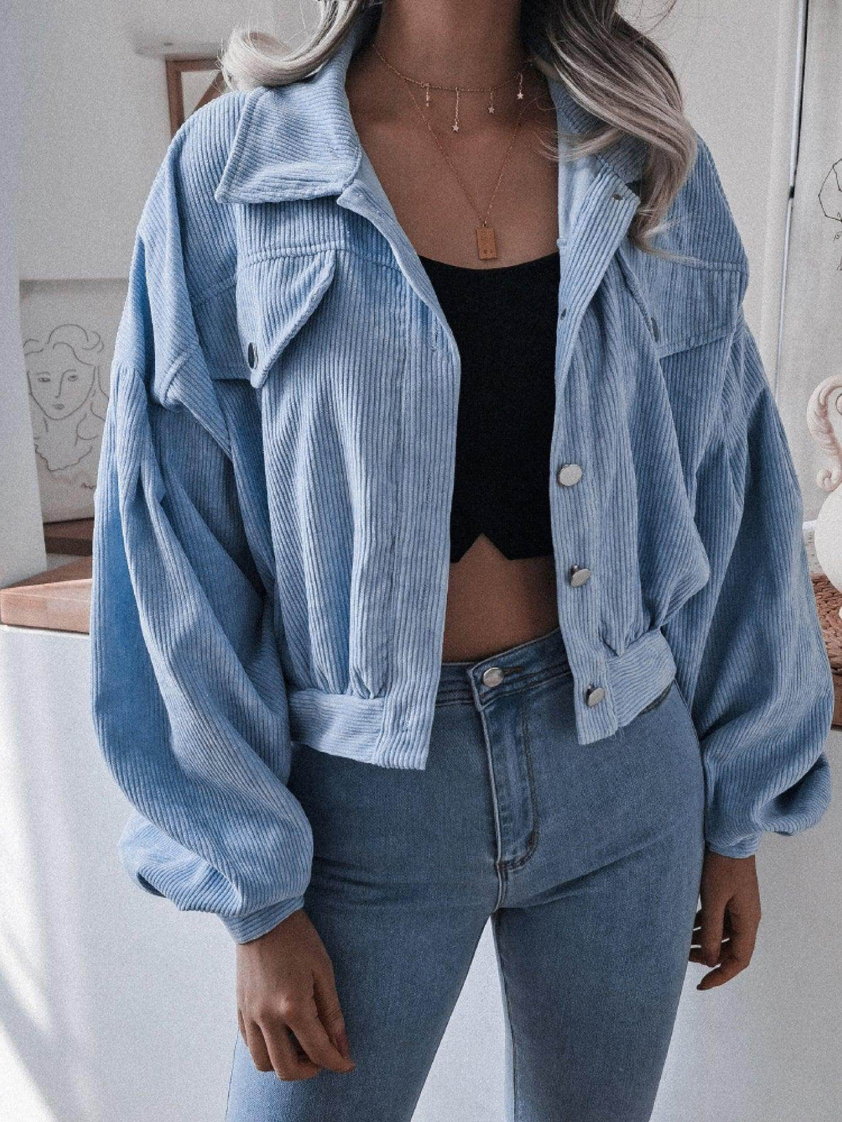 Lantern Sleeve Cropped Corduroy Jacket for Stylish Comfort