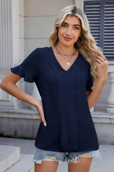 Ruffled V-Neck Short Sleeve Blouse for Stylish Women