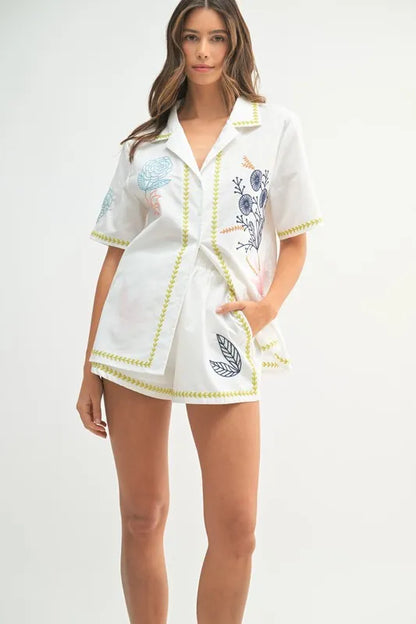 MABLE Embroidered Button Down Shirt and Shorts Set