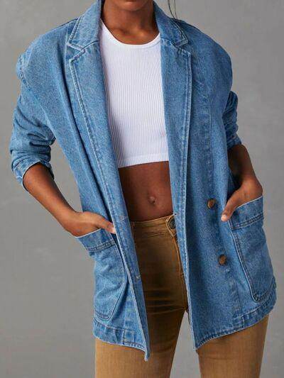 Pocketed Lapel Collar Long Sleeve Denim Jacket for Women