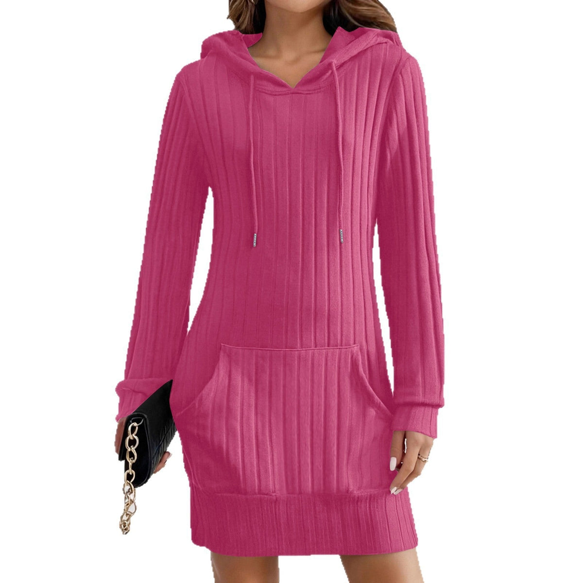 Knitted Hooded Ribbed Pocket Long-sleeve Dress