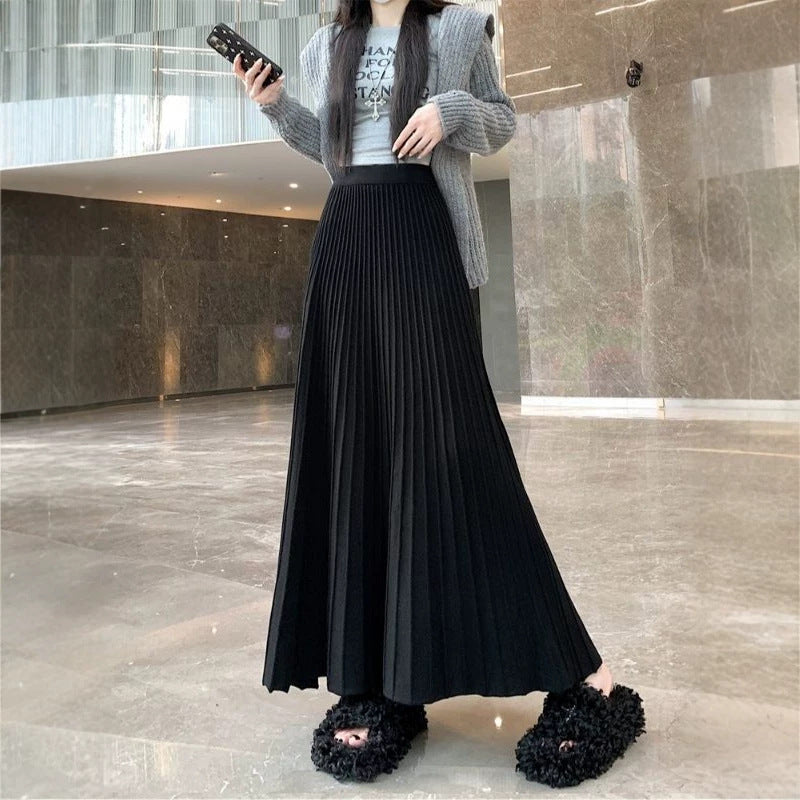 Pleated Knit Skirt AutumnWinter High-Waisted Stretchy Hip-Covering Long Flared Style