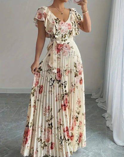 Women's V-neck Printed Ruffle A-line Dress