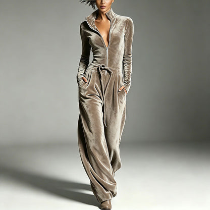 Stand-collar Zip-up Deep-V Velvet Jumpsuit