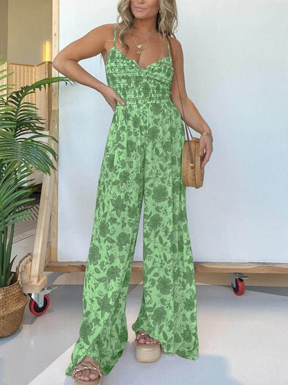 Full Size Printed Spaghetti Strap Wide Leg Jumpsuit for Women