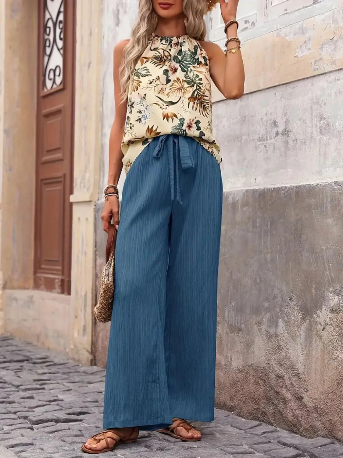 Printed Tank Top and Wide Leg Pants Set
