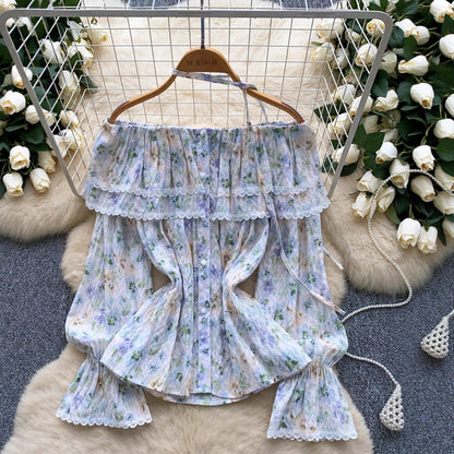 Womens Lace-Patchwork Ruffled Flare-Sleeve Floral Blouse