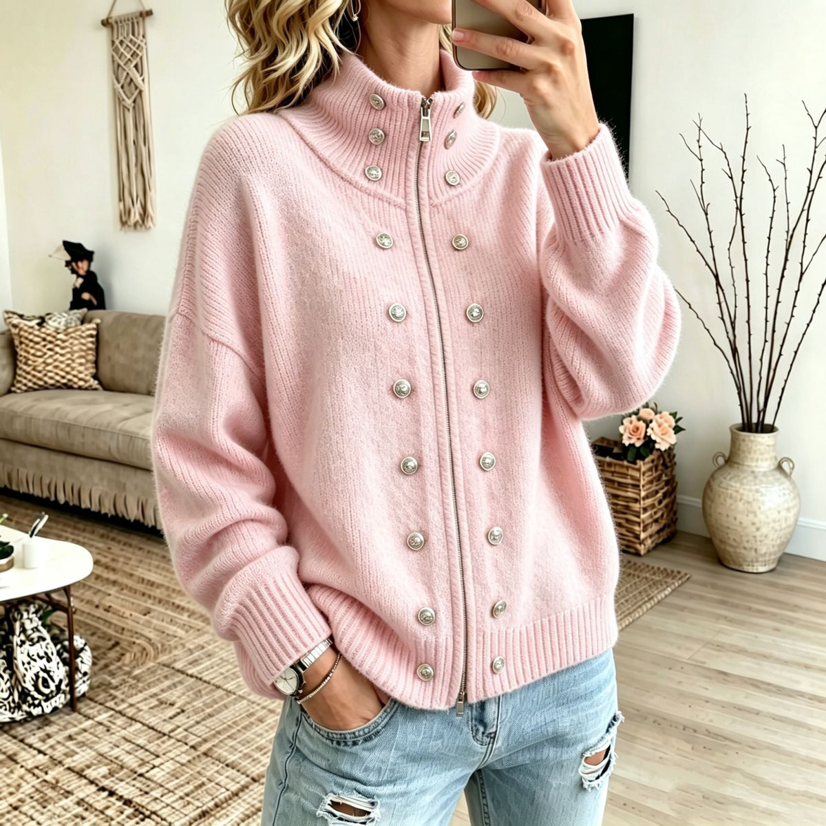 Women's Sweater Coat With Metal Buttons And Double Zippers