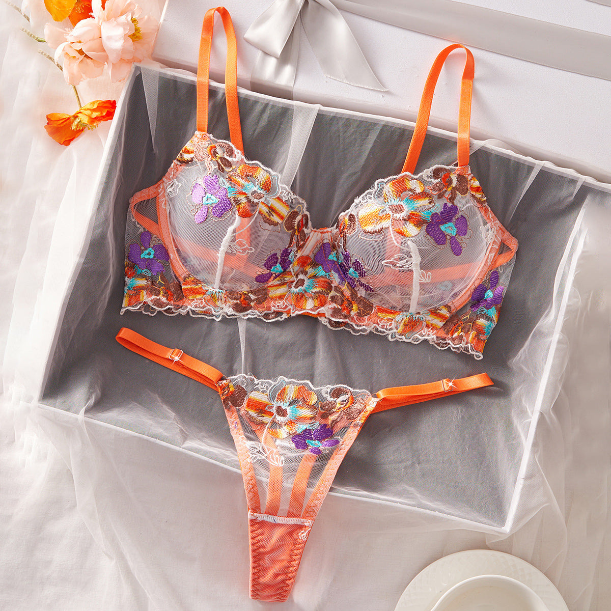 Mesh Embroidered Sexy Lingerie Set For Women