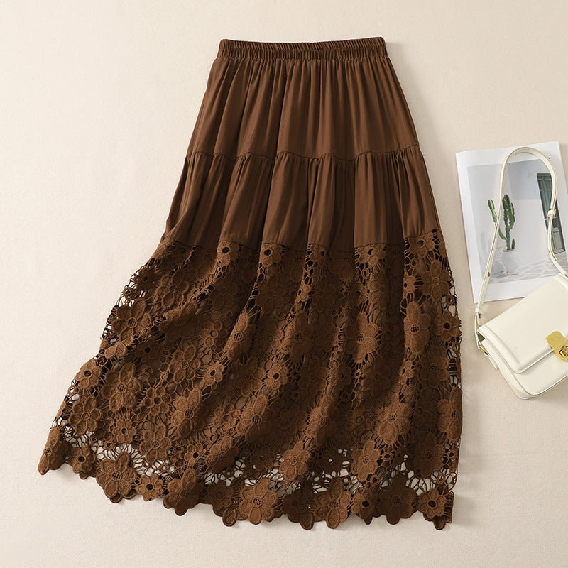 Hollow Out Lace Panel High-waisted A Line Skirt That Flatters The Figure And Offers A Slimming