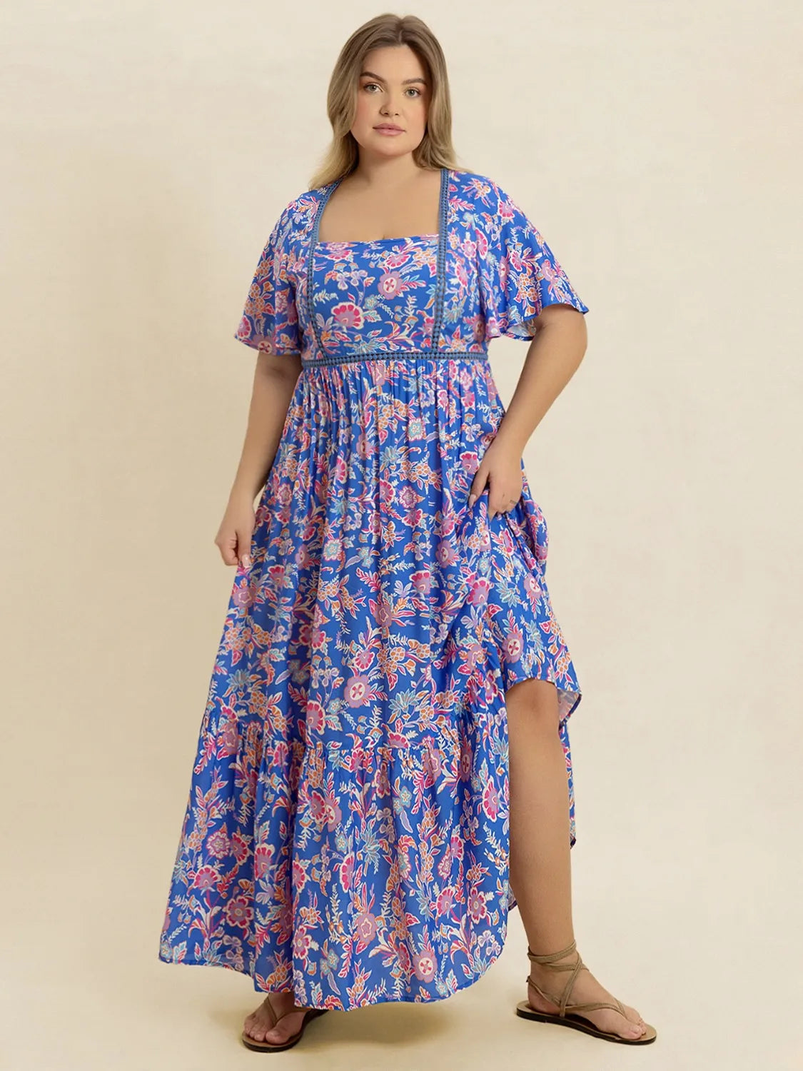 Plus Size Ruched Printed Short Sleeve Dress