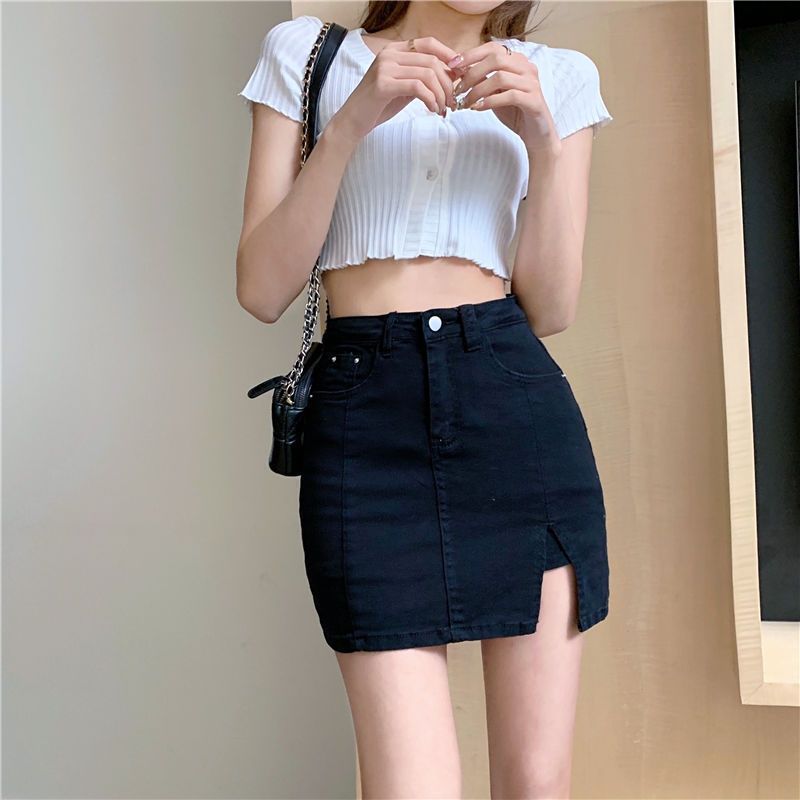 Slit Black Denim Skirt For Women