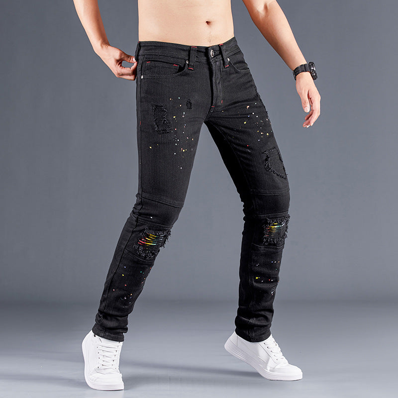 Stretch Black Jeans Biker-style Assorted Styles Patchwork Painted Effect