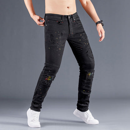 Stretch Black Jeans Biker-style Assorted Styles Patchwork Painted Effect