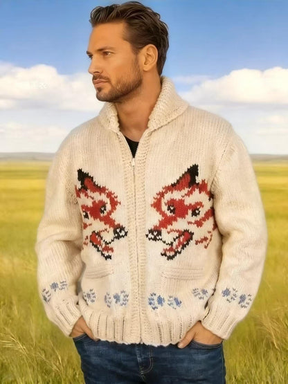 Mens Fox-Pattern Jacquard Sweater Cardigan Knitted Zip-Up Jacket