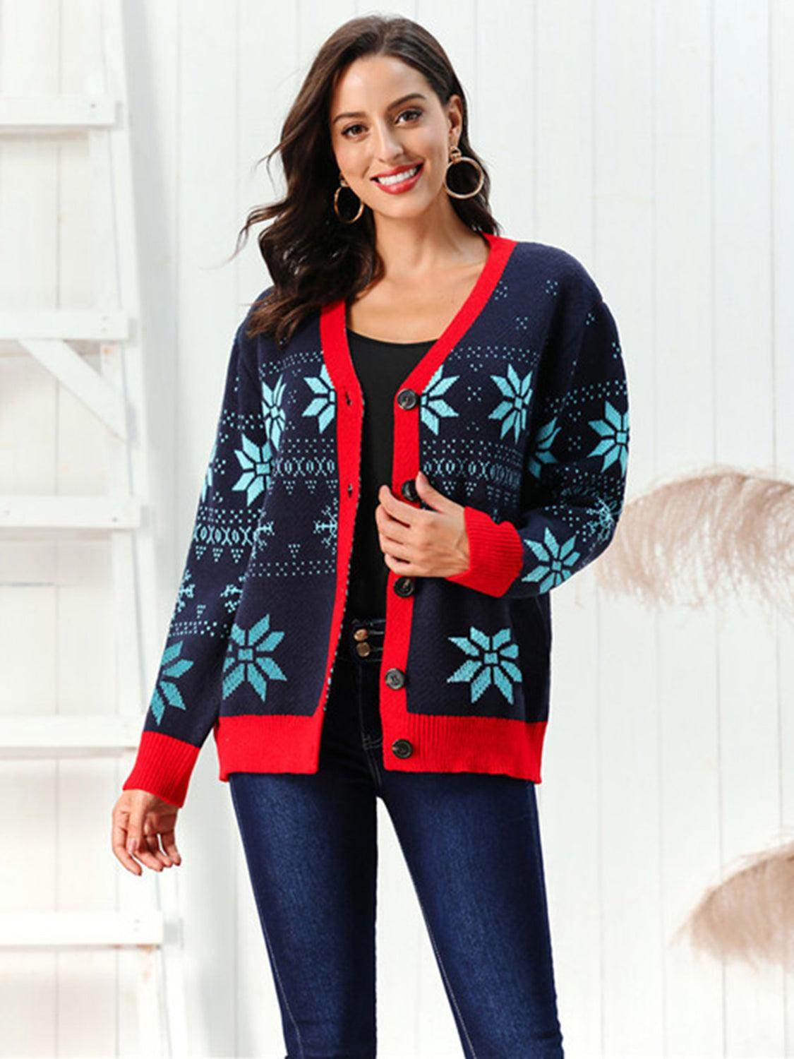 Snowflake Pattern Button Down Cardigan for Winter Style