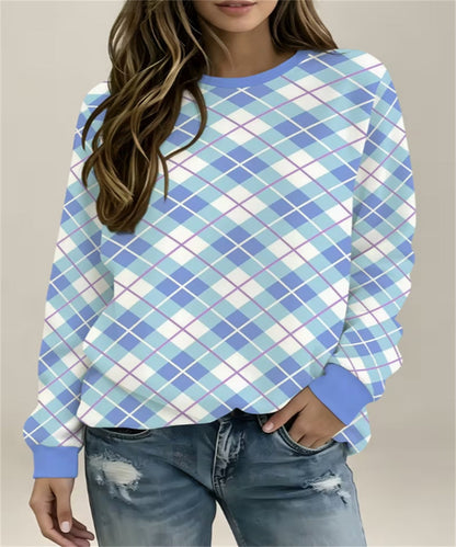 Women's Light Green Plaid Gingham Print Crew Neck Sweatshirt, Long Sleeve Casual Pullover Top