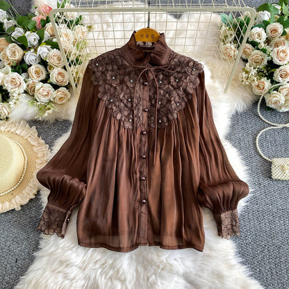 Womens Solid-color Intricately Beaded Three-dimensional Floral Ruffle-neck Blouse