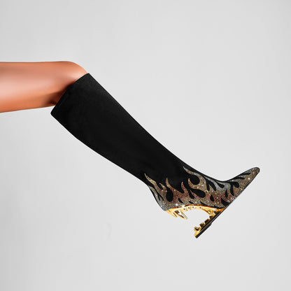 Rhinestone Flame Stretch Boots Tiger Tooth Heel