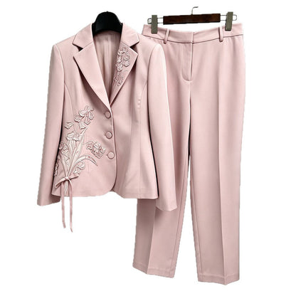 Embroidered Floral Applique Blazer & Straight-Leg Pants Suit Set