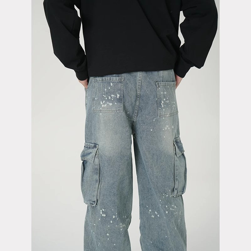 Mens Wide-leg Denim Washed Work Pants With Large Pockets