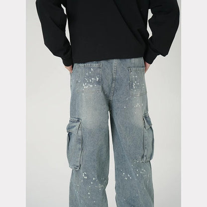 Mens Wide-leg Denim Washed Work Pants With Large Pockets