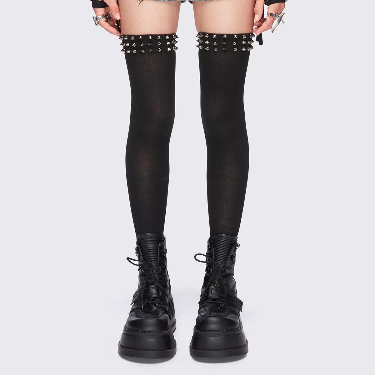 Stretchy Black Over-the-knee Boot With Spiked And Studded Trim