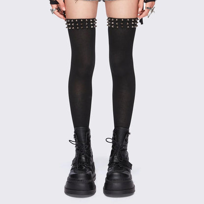 Stretchy Black Over-the-knee Boot With Spiked And Studded Trim