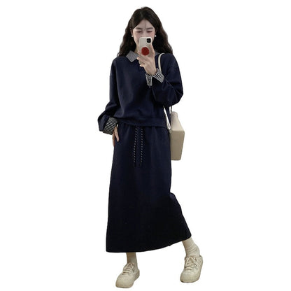 Large Size Gray False Two-piece Sweaters Skirt Two-piece Set For Women
