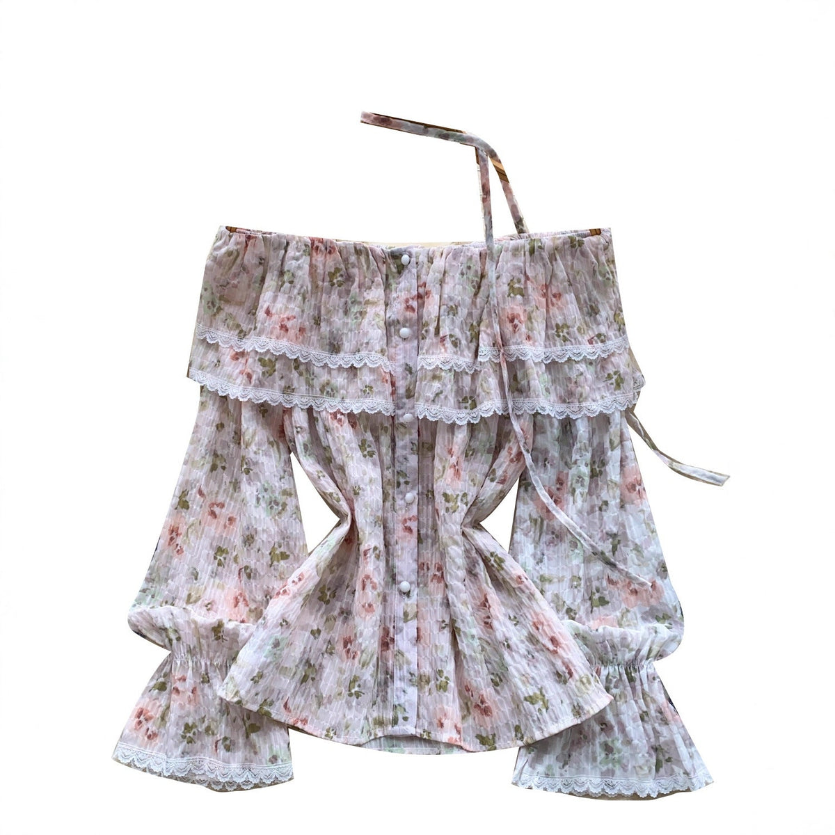 Womens Lace-Patchwork Ruffled Flare-Sleeve Floral Blouse