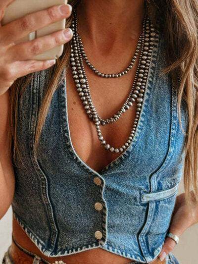 Buttoned V-Neck Denim Top for Stylish Casual Outfits