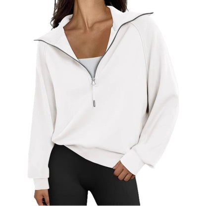 Women's Short Stand-collar Half-zip Fleece-lined Solid-color Sweatshirt