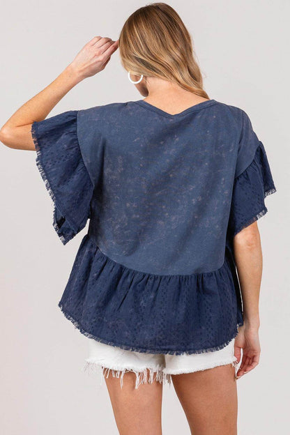 SAGE + FIG Ruffle Sleeve Washed Short Sleeve Blouse for Women