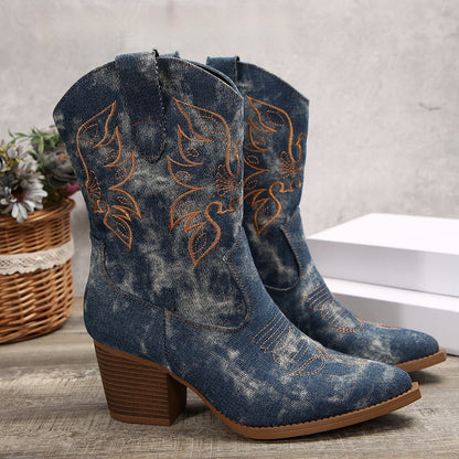 Stylish Western-style Pointed-toe Slip-on Chunky-heel Ankle Boots