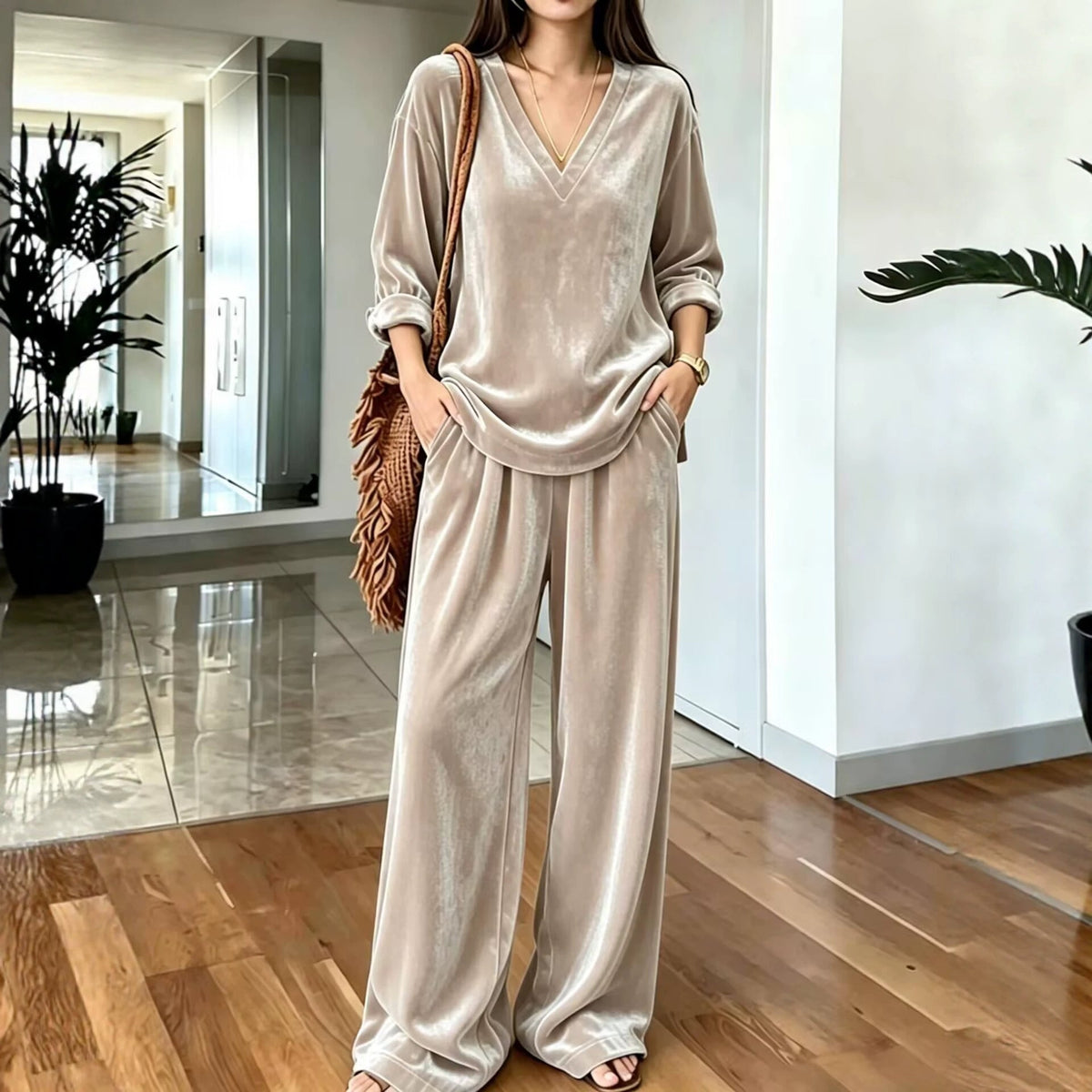 Women's Solid Color V-Neck Top And Wide-Leg Pants Set