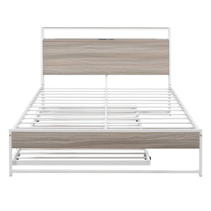 Full Size Metal Platform Bed Frame with Trundle, USB Ports and Slat Support No Box Spring Needed White