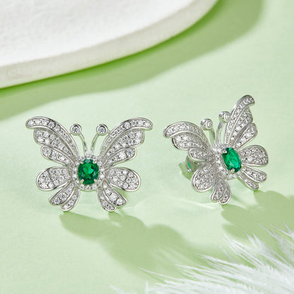 S925 Silver 6.6g Platinum Plated Butterfly Earrings, 0.39ct Lab-Created Emerald, Pair