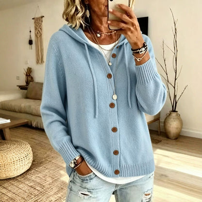 Hooded Drawstring Sweatshirt Cardigan With Knitted Buttons