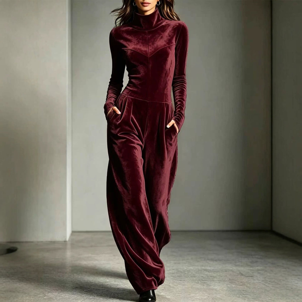 Womens Casual Turtleneck Solid-Color Long-Sleeve Jumpsuit